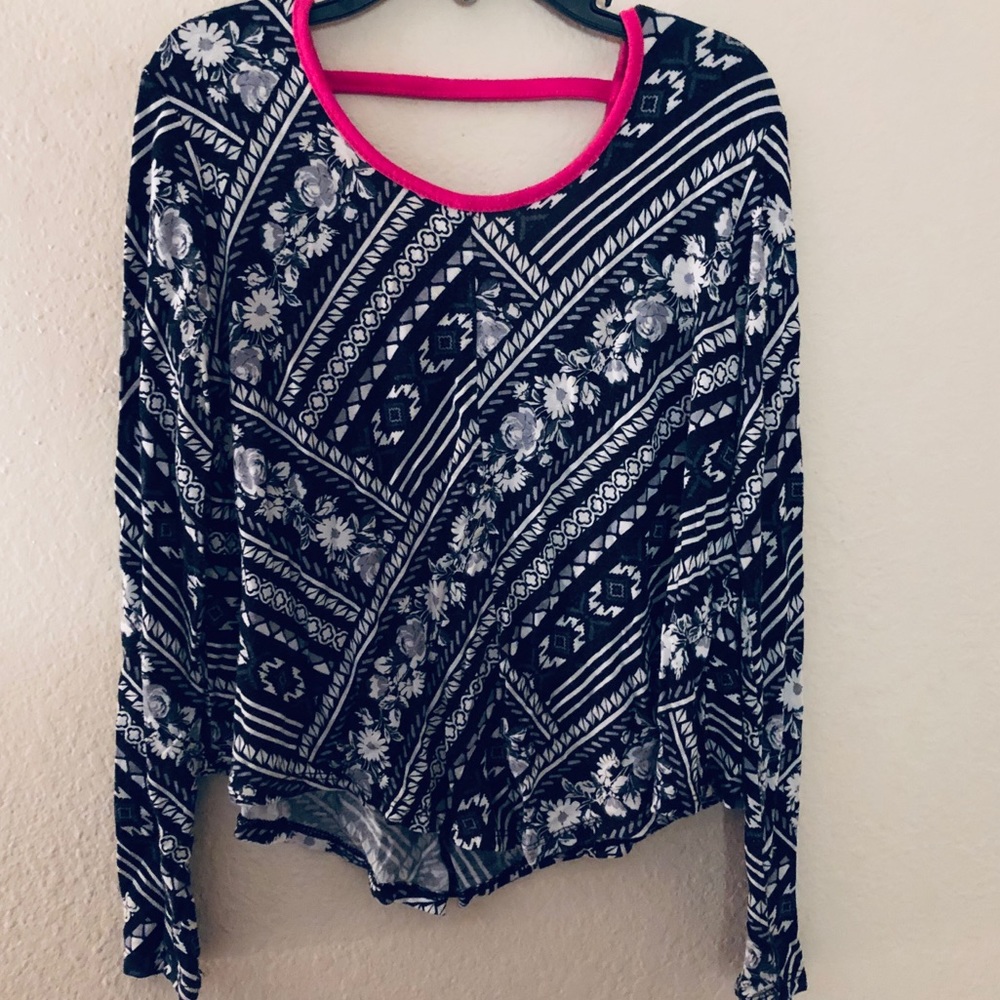 B&W Print Long Sleeve Boho Top- Girls S 6/6X